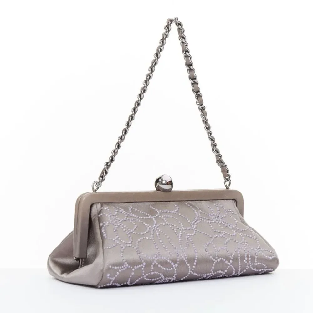 CHANEL 2000 pink pearl beaded grey satin crystal CC kiss lock frame clutch bag
